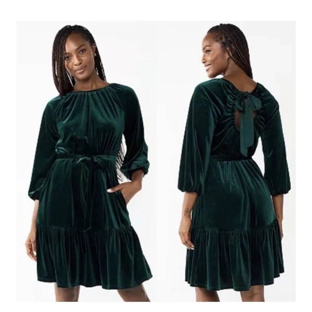 Draper James RSVP Green Velvet Tie Back Tiered Ruffle Mini Dress XS Holiday Chic